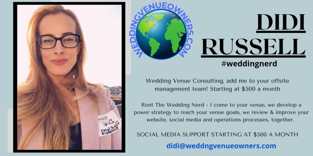 Didi Russell, Wedding Nerd, Wedding Coach, Wedding Business Consultant, Wedding Venue Coach, Wedding Education, Wedding Venue Owner, Wedding Venue Consulting, Wedding Venue Mentor, Wedding Venue Management. 