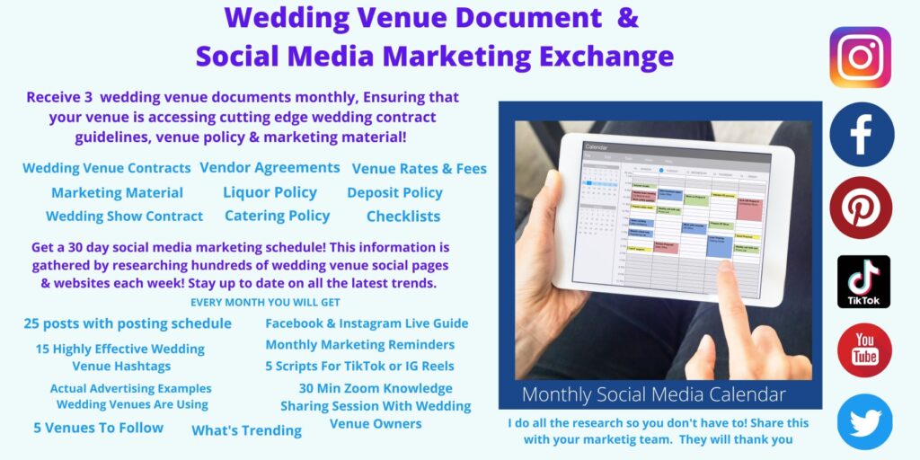 Social media marketing guide, wedding venue social media planning tool, wedding venue contracts, wedding venue advertising, wedding business