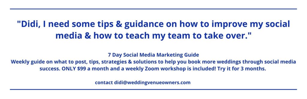 Social media marketing support, wedding venue social media marketing, social media marketing guide, wedding venue coach, wedding venue support, wedding venue education
