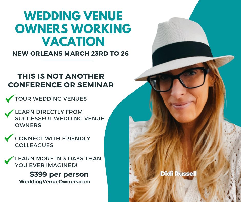 Wedding Venue Owners Working Vacation, New Orleans. Wedding Venue Owner Education, Wedding Venue Conference, Wedding Venue Seminar, Wedding Education Seminar, Wedding Education Conference, Wedding Venue Coach, Wedding Venue consulting, wedding venue business coach