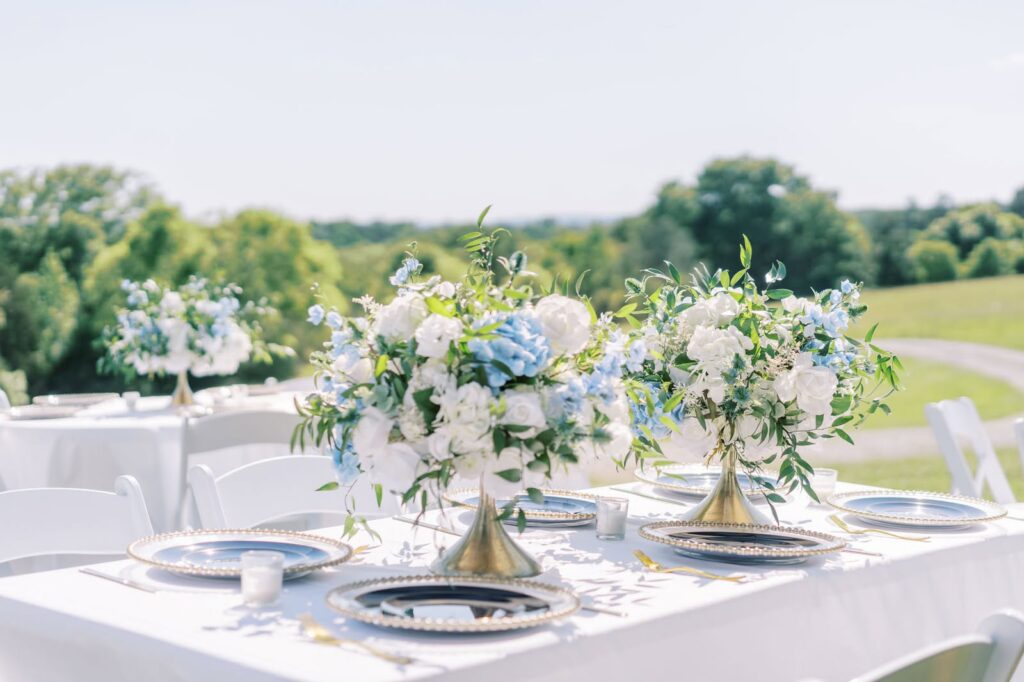 Spring wedding inspiration wedding tables with luxurious linens, blue & white floral centerpieces and acres of countryside beauty at this all inclusive wedding venue near Chattanooga.