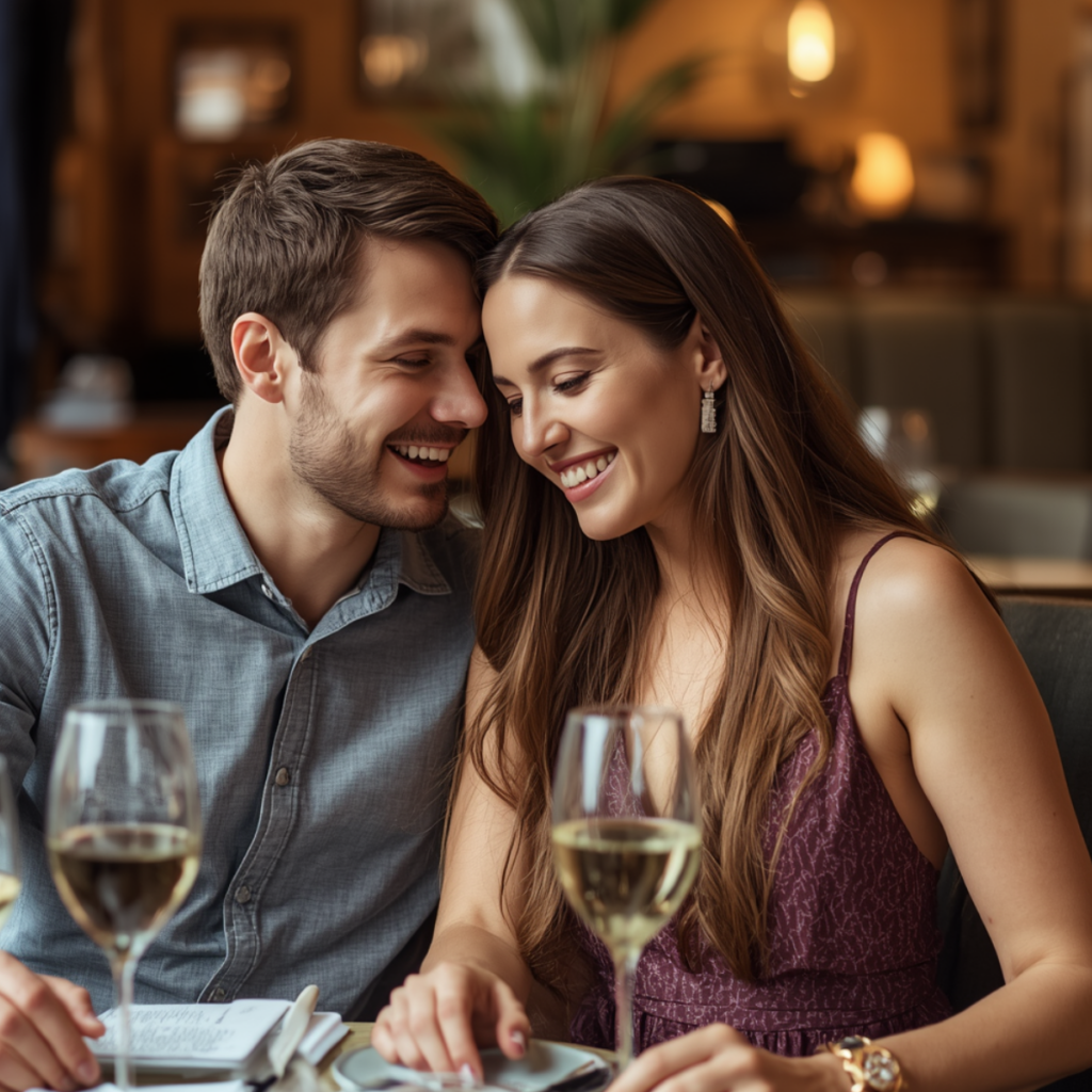 Couple is dining at a luxury restaurant in New York, they are enjoying their food and he is about to propose and she will say "yes"