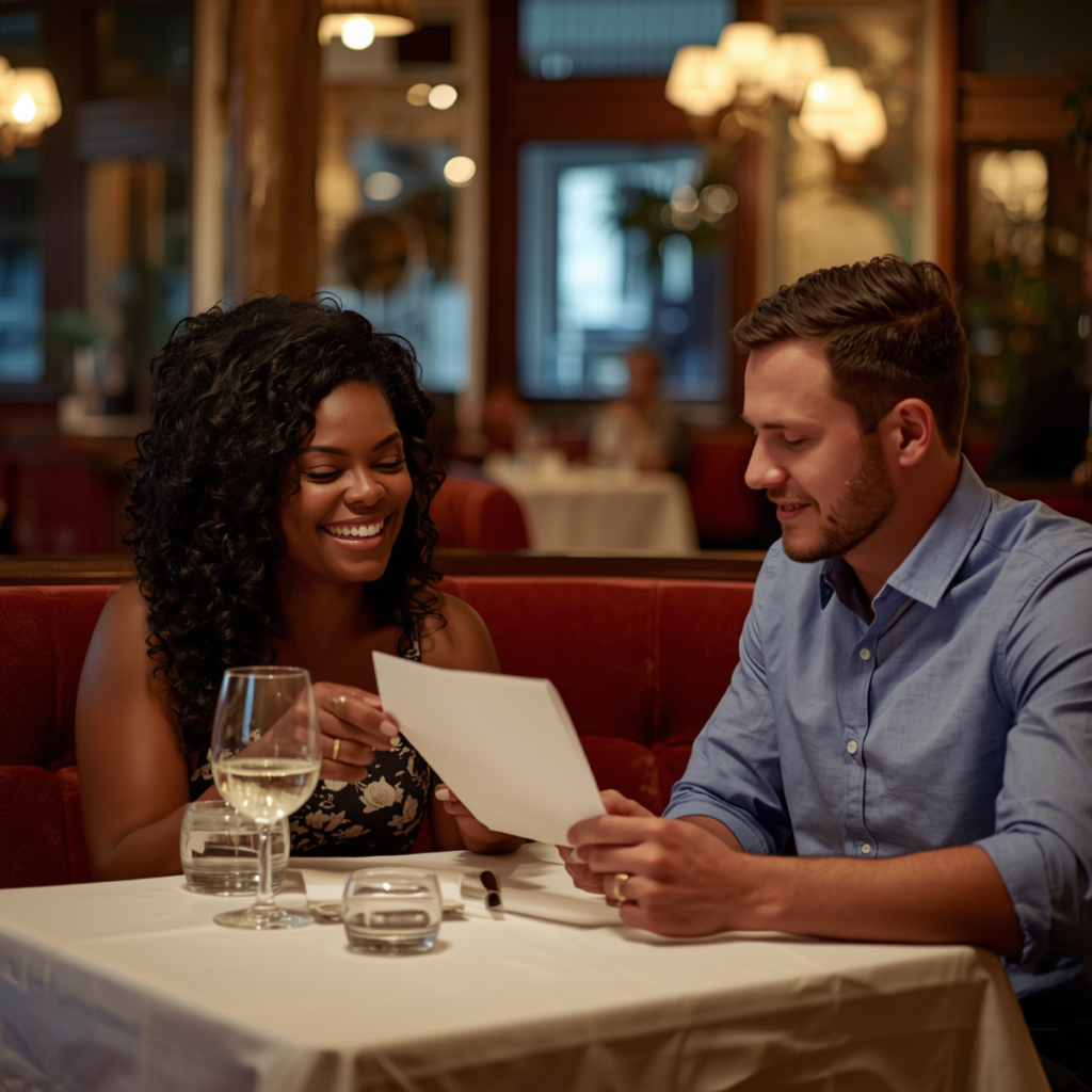 Almost engaged couple is at a fine dining restaurant, she is ready a love letter he wrote to her