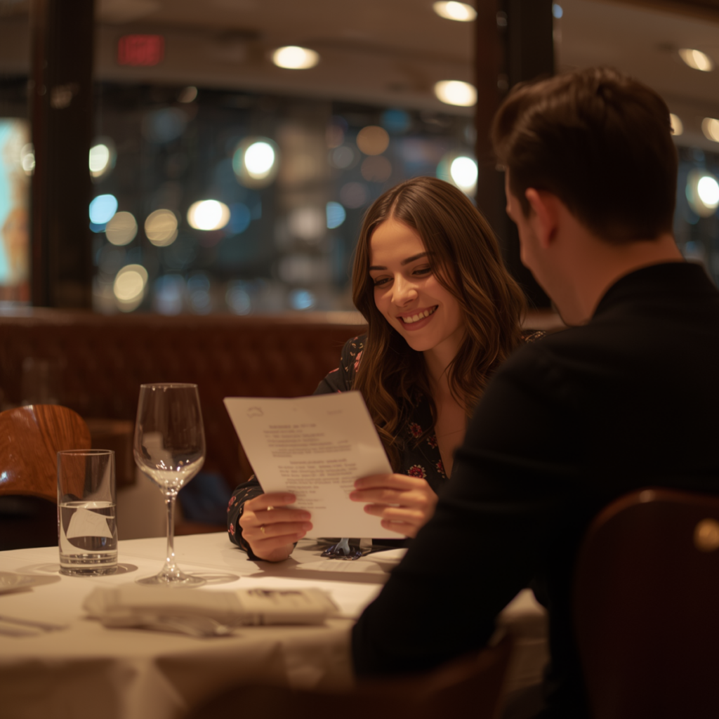 A woman is sitting next to her boyfriend in a restaurant, she is reading a love letter he has given to her