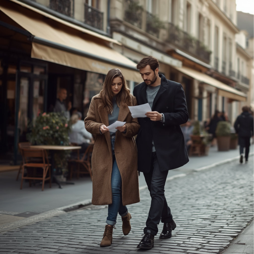 Almost engaged couples enjoying a romantic walk in Paris, she is reading a love letter he has give to her