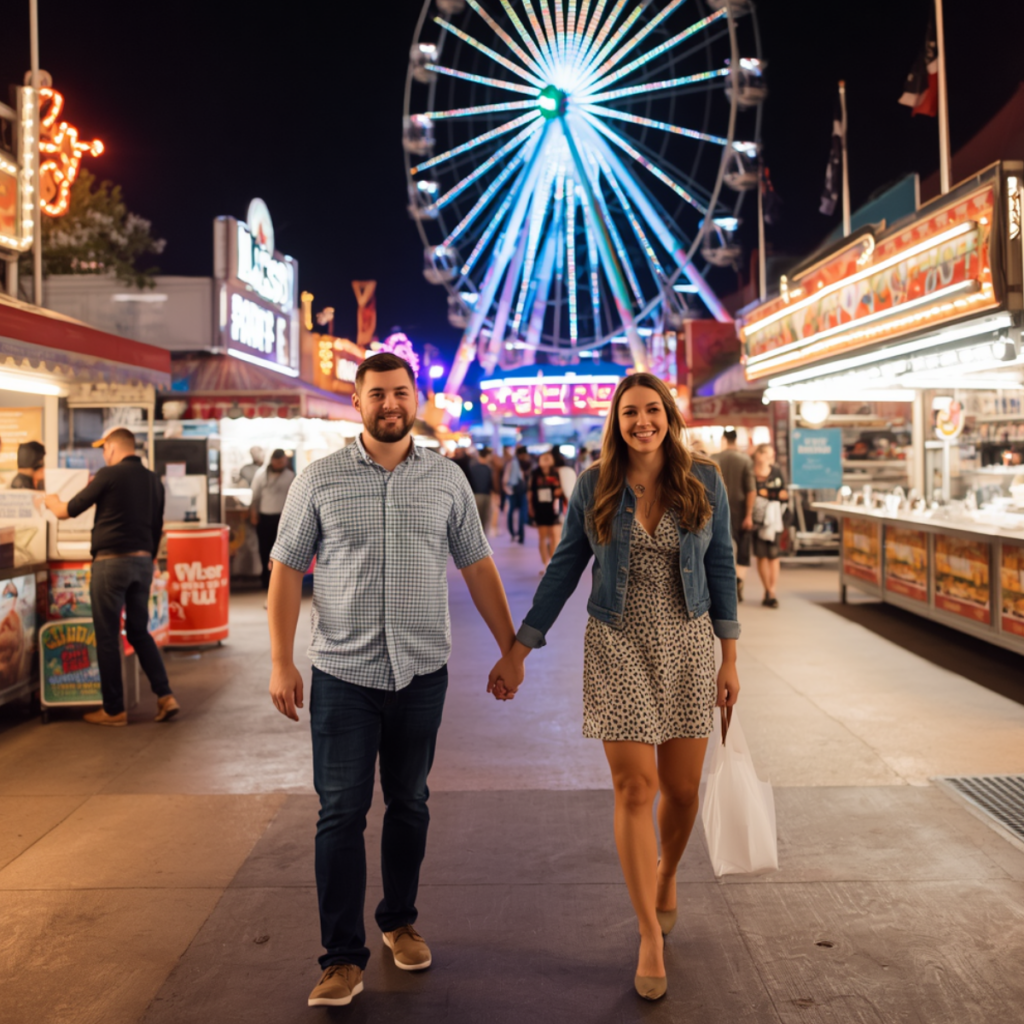 When do couples get engaged? This couple is walking through the fair, holding hands, he is about to propose. 