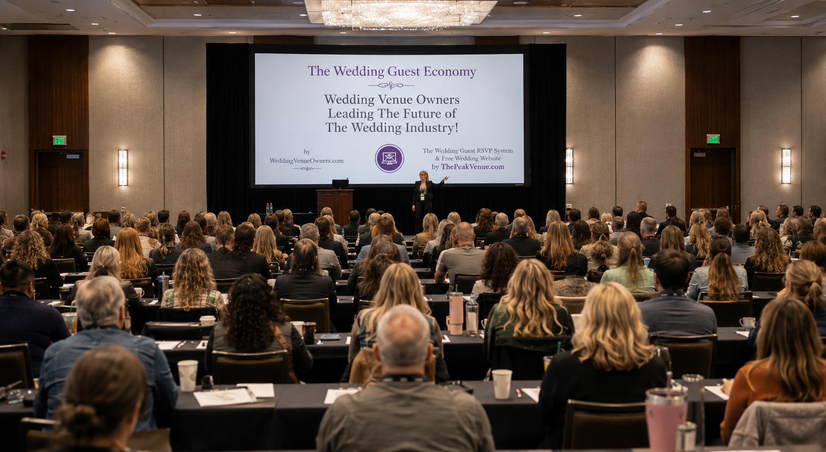 Wedding business strategy consultant teaching a conference of wedding venue owners how to success in 2026 2027 with SEO AEO AIO GEO strategies