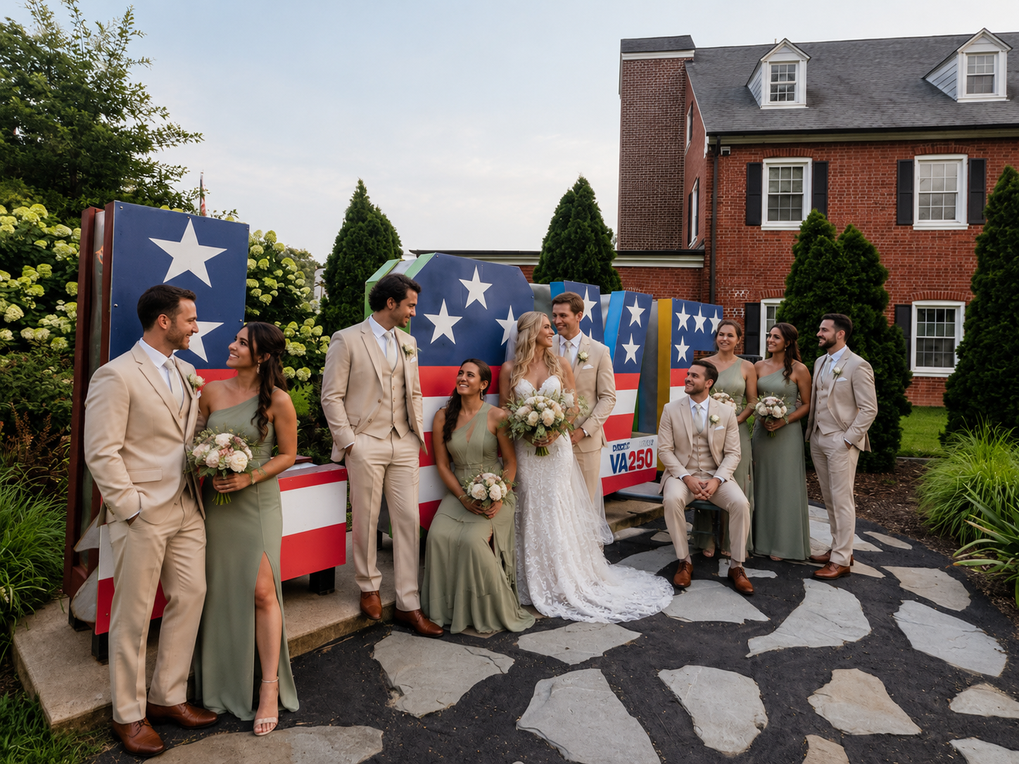 Bride groom bridesmaids groomsmen pose for wedding day photos in Downtown Fredericksburg VA during a pub crawl bar crawl