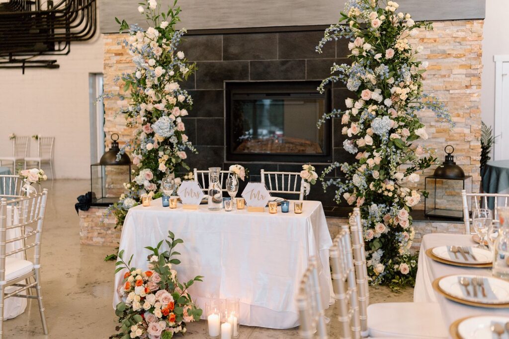 Industrial chic wedding reception with exposed brick at The Event at Two Ten near Winston-Salem NC