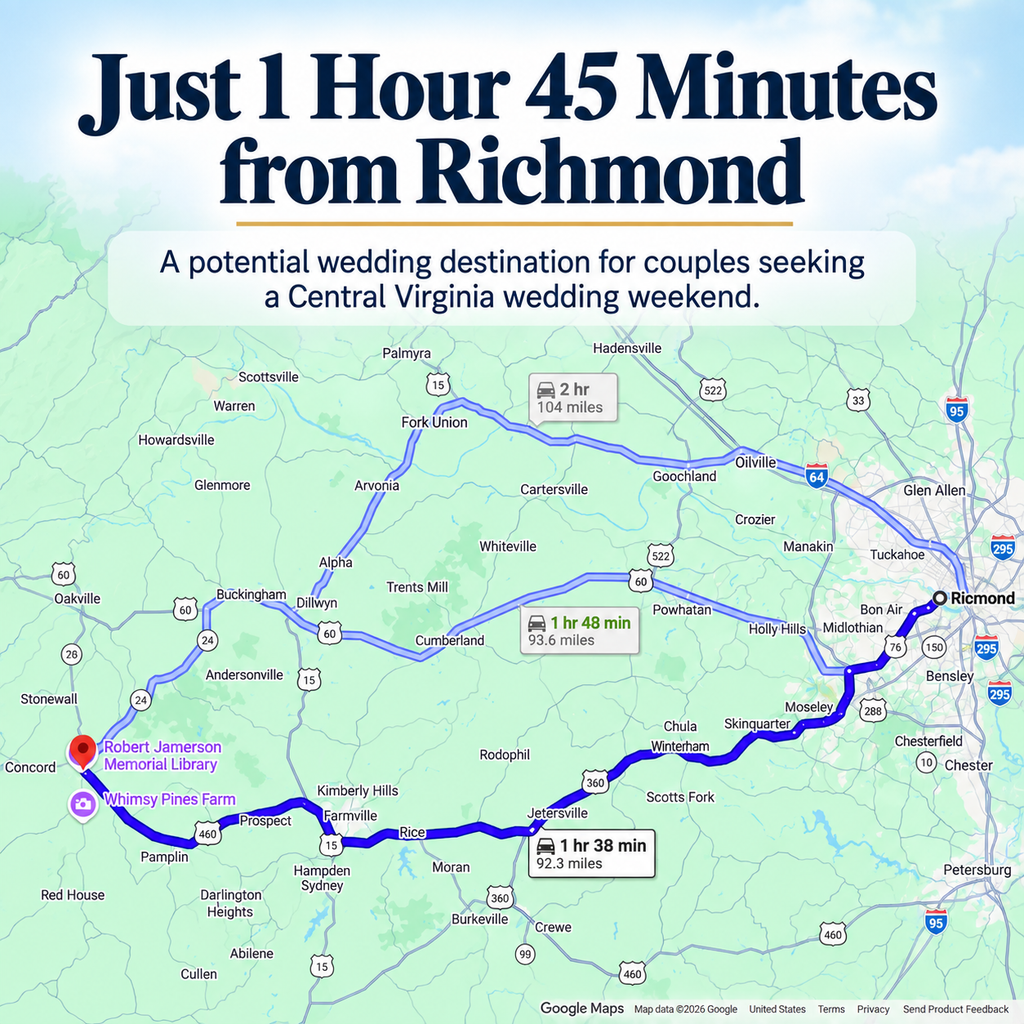 Map showing a wedding venue for sale in Appomattox Virginia and the distance to Richmond