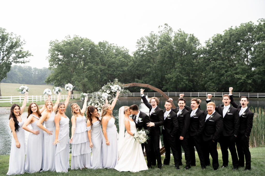 Bride, groom & wedding party in black tie semi formal attire at Bluestone Estate wedding venue near Philadelphia