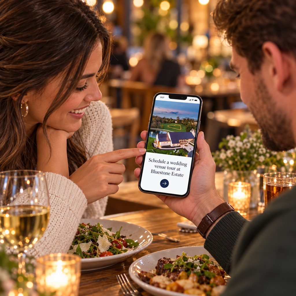 Wealthy engaged couple from Philadelphia is using their phone to search for wedding venues in Lancaster and schedule a wedding venue tour at Bluestone Estate