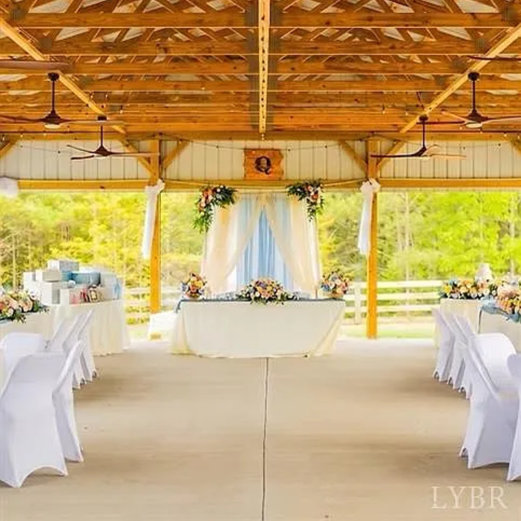 Wedding venue for sale in Appomattox VA with covered reception pavilion and rustic wood beams