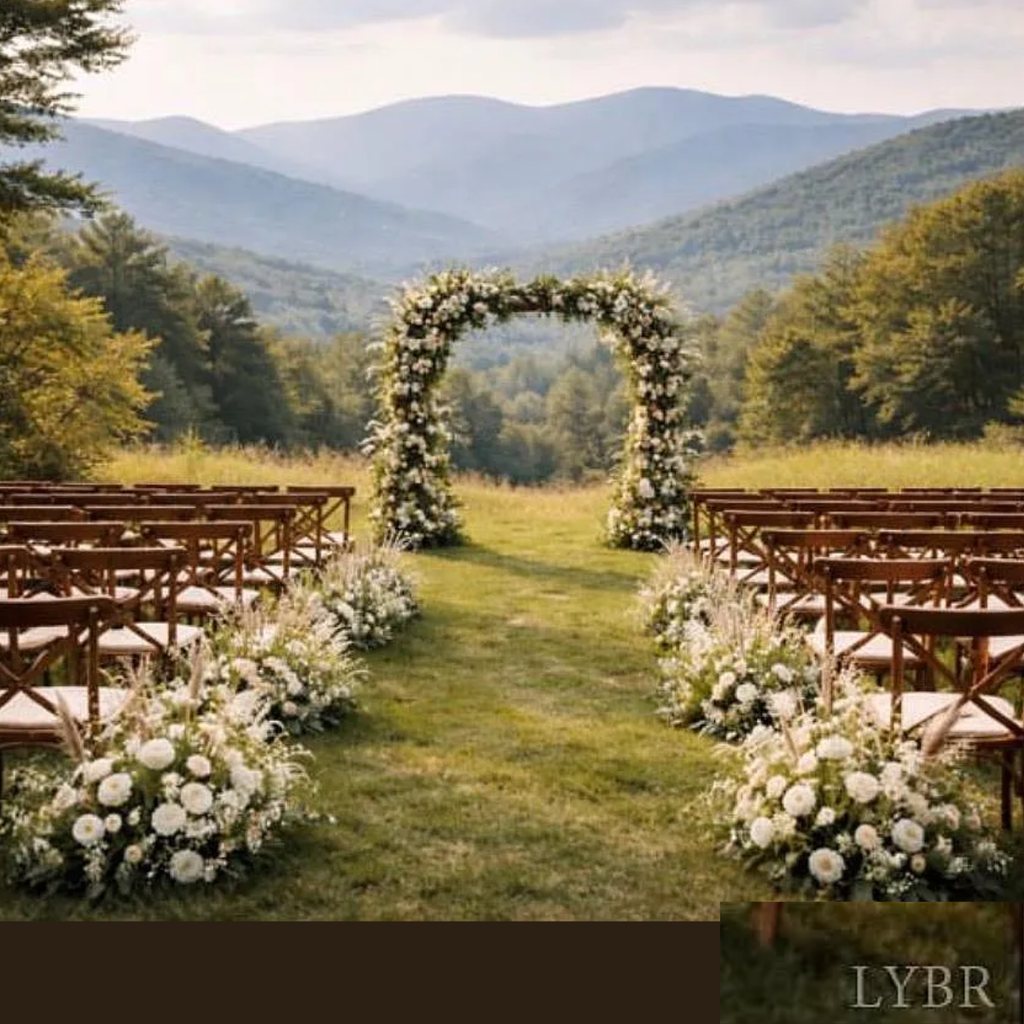 Mountain views at the outdoor wedding ceremony at a rustic barn wedding venue in Appomattox VA near Richmond