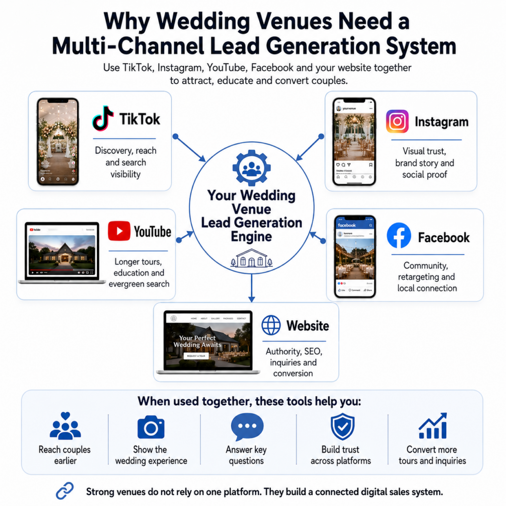 Wedding venue marketing strategy showing how TikTok, Instagram, YouTube, Facebook and a website work together to generate wedding venue leads and bookings.