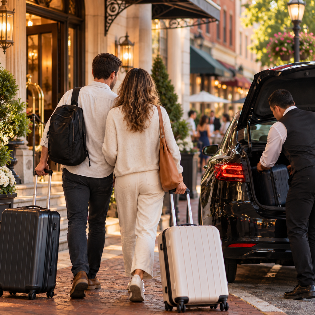 Couple arriving in town for a wedding venue tour and wedding tourism experience
