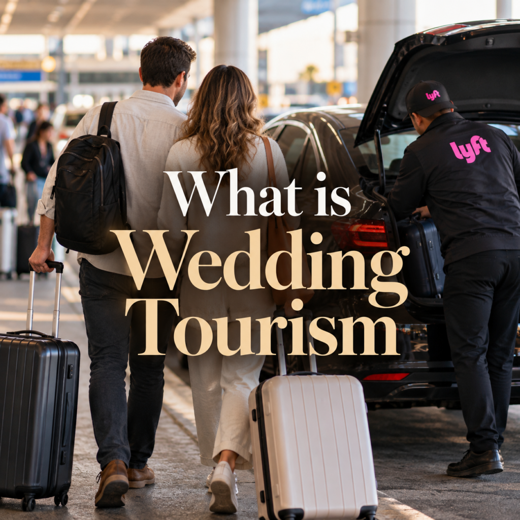 Wedding guests arriving at an airport for a destination wedding weekend