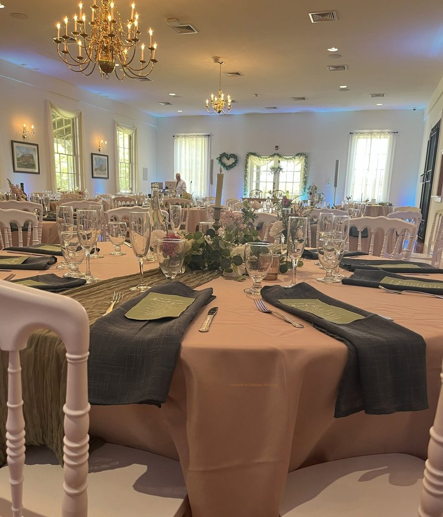 1. Wedding reception ballroom with chandeliers and fireplace at Ballroom at Windsor