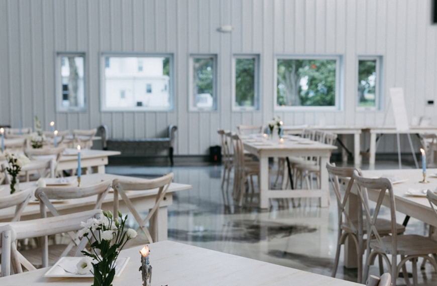 Elegant white wedding reception barn at Pole Barn Chic in Central Illinois