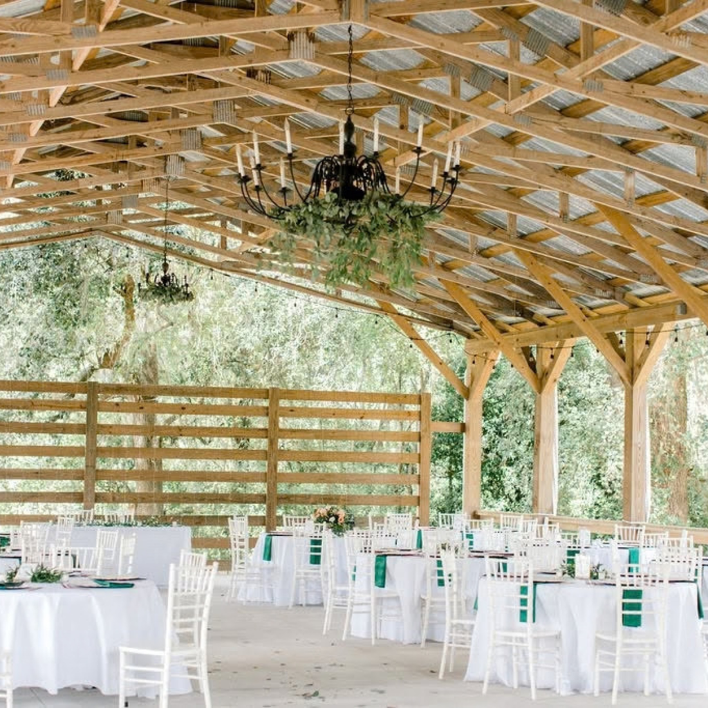 All 4 One Farms open-air wedding reception barn seating approximately 200 guests