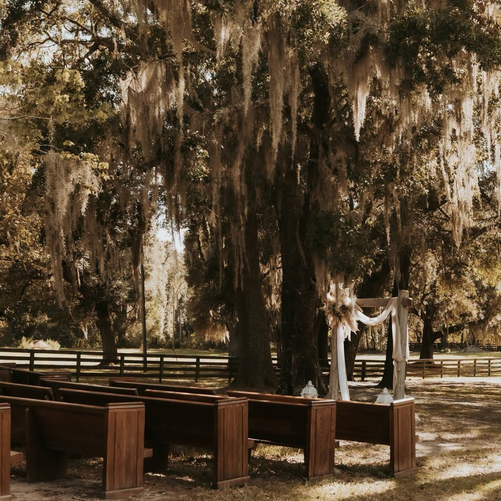 Outdoor farm wedding ceremony site with Spanish moss in Jacksonville