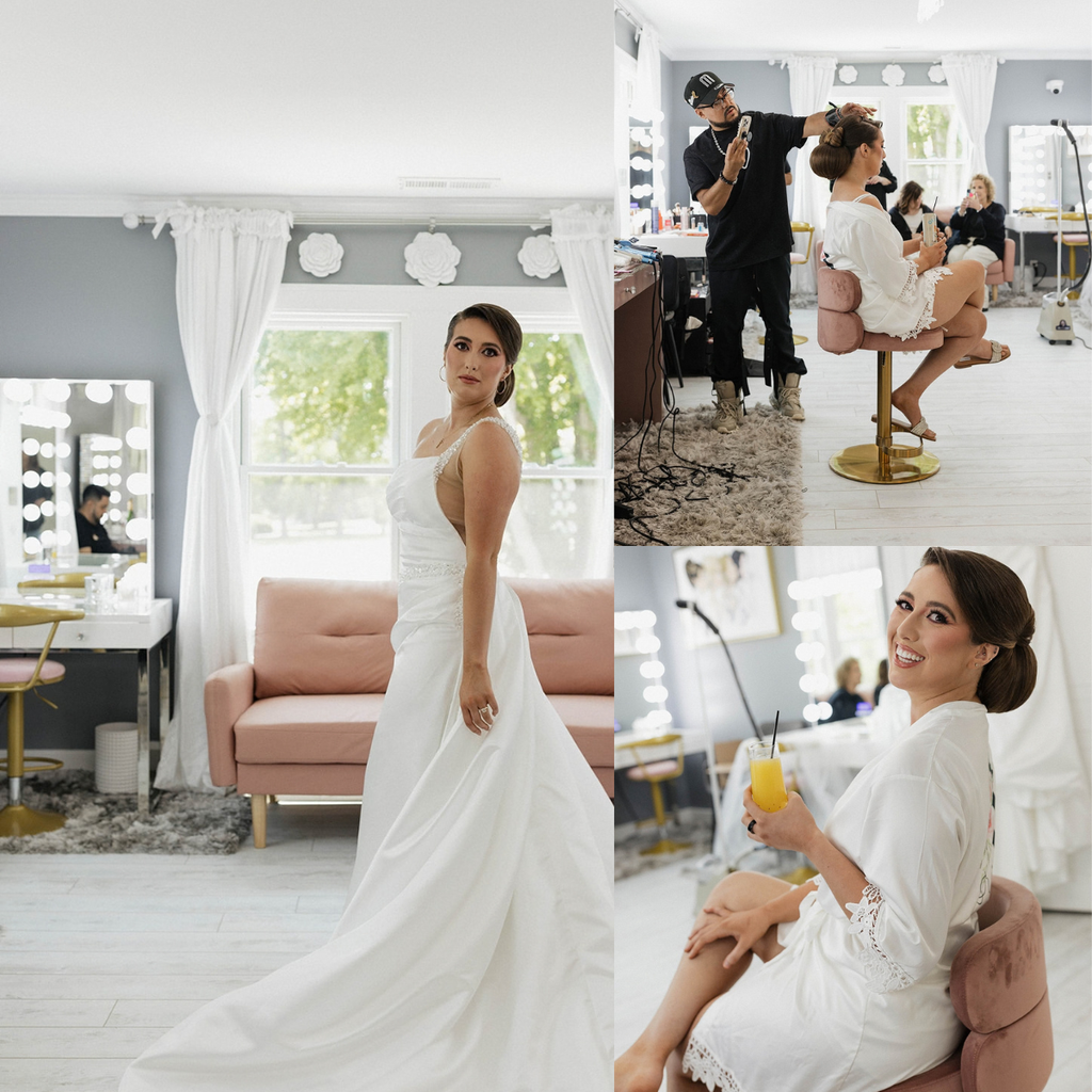 Elegant modern bride gets ready for her wedding day with hair & make up experts in the elegant bridal suite with make up stations, lots of space the entire wedding party and a private bathroom.
